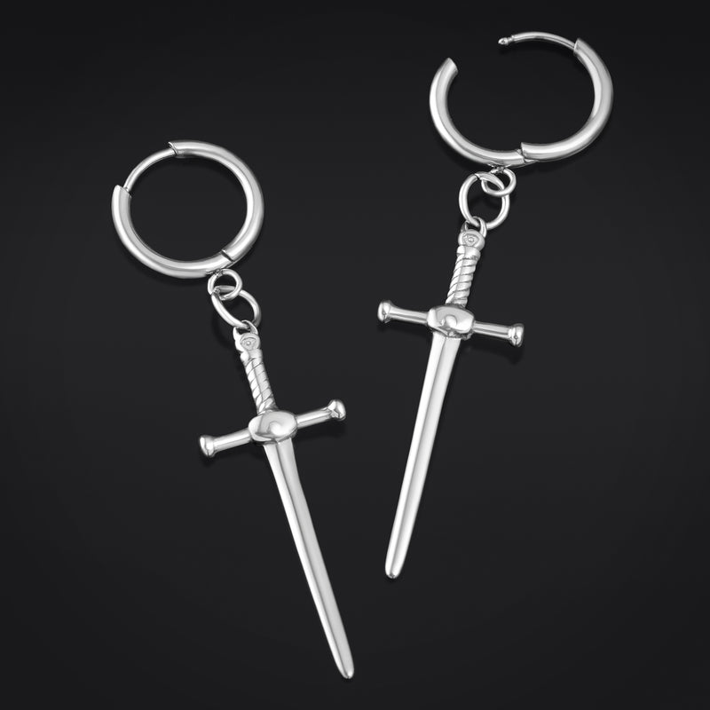 Boucles d’oreilles créoles, argentées, épée, acier inoxydable - paire