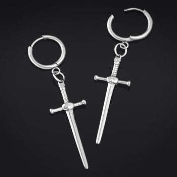 Huggie Hoop Earrings, Silver, Double Hoop with Chain, Hammered Steel - Pair