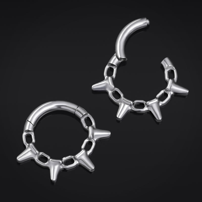 Anneau de septum à clic, argenté, chaîne à pointes, titane