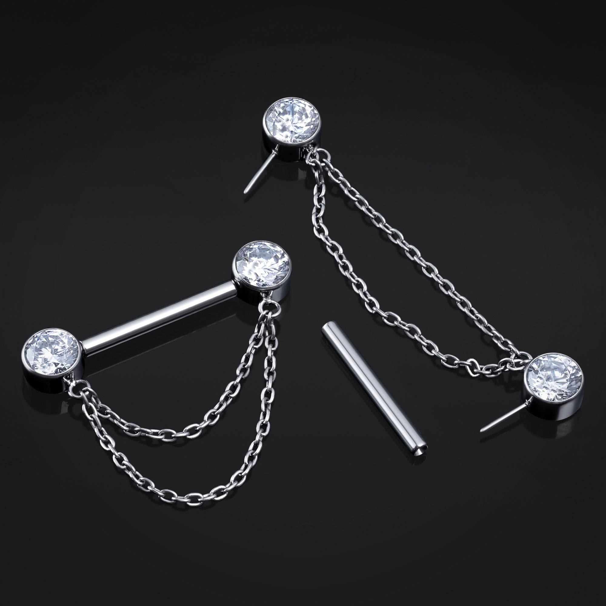 Silver, Titanium, Threadless, Chain Dangle Jewelled Nipple Bar 1.6mm
