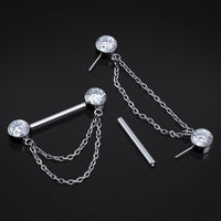 Argent, titane, sans filetage, barre de téton ornée de chaîne pendante et de pierres 1.6mm