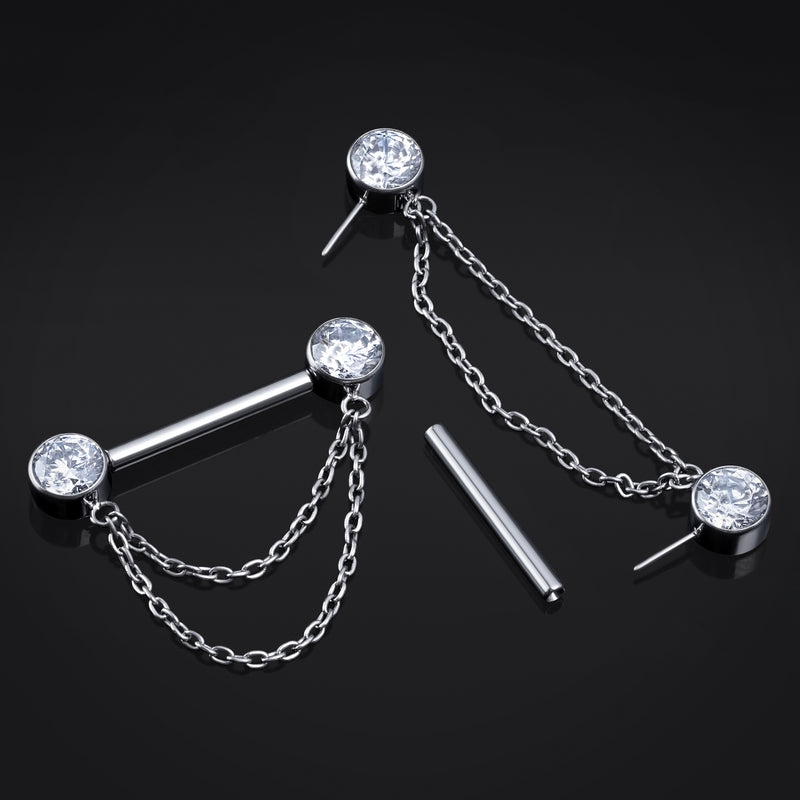 Argent, titane, sans filetage, barre de téton ornée de chaîne pendante et de pierres 1.6mm
