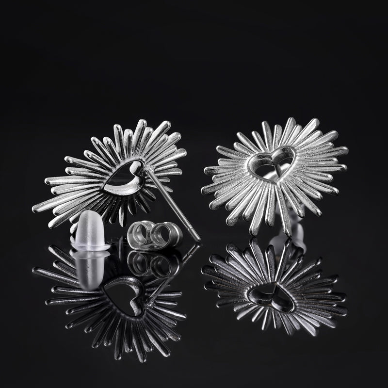 Boucles d'oreilles clous, argent, cœur soleil, acier inoxydable 316L - paire