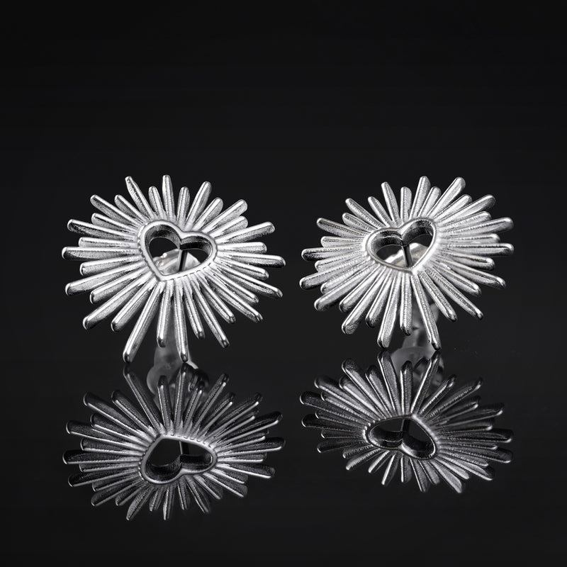 Boucles d'oreilles clous, argent, cœur soleil, acier inoxydable 316L - paire