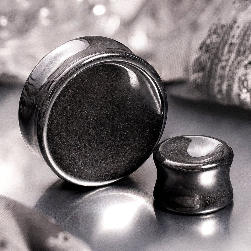 Plug d'oreille pour Stretching, pierre d'hématite concave à double collerette / Jauge