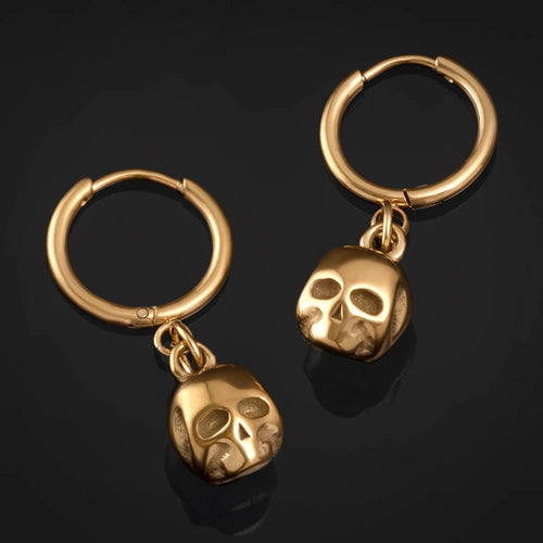 Hoop Earrings, Gold, Skull, Stainless Steel - Pair
