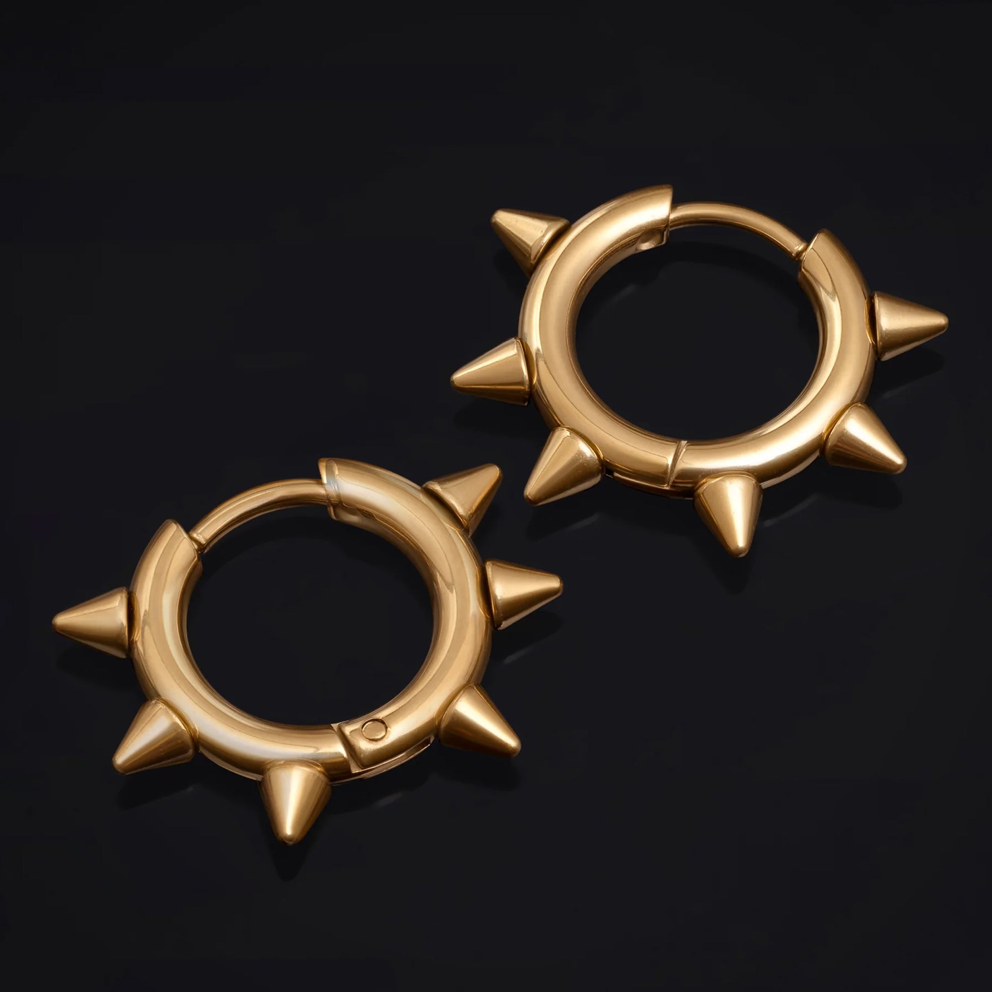 Huggie Hoop Earrings, Gold, Spiked Edge, Stainless Steel - Pair