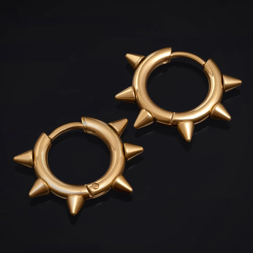 Huggie Hoop Earrings, Gold, Spiked Edge, Stainless Steel - Pair