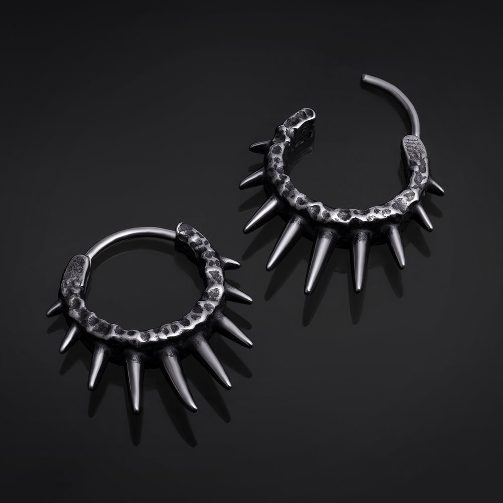 Hammered Stainless Steel Gothic Black Spiked Huggie Hoop Earrings (Pair) - 316L Hammered Stainless Steel Hoop Earrings / Black Spiked Huggie Hoops/ Gothic / Alternative Piercings / Spiked Jewellery