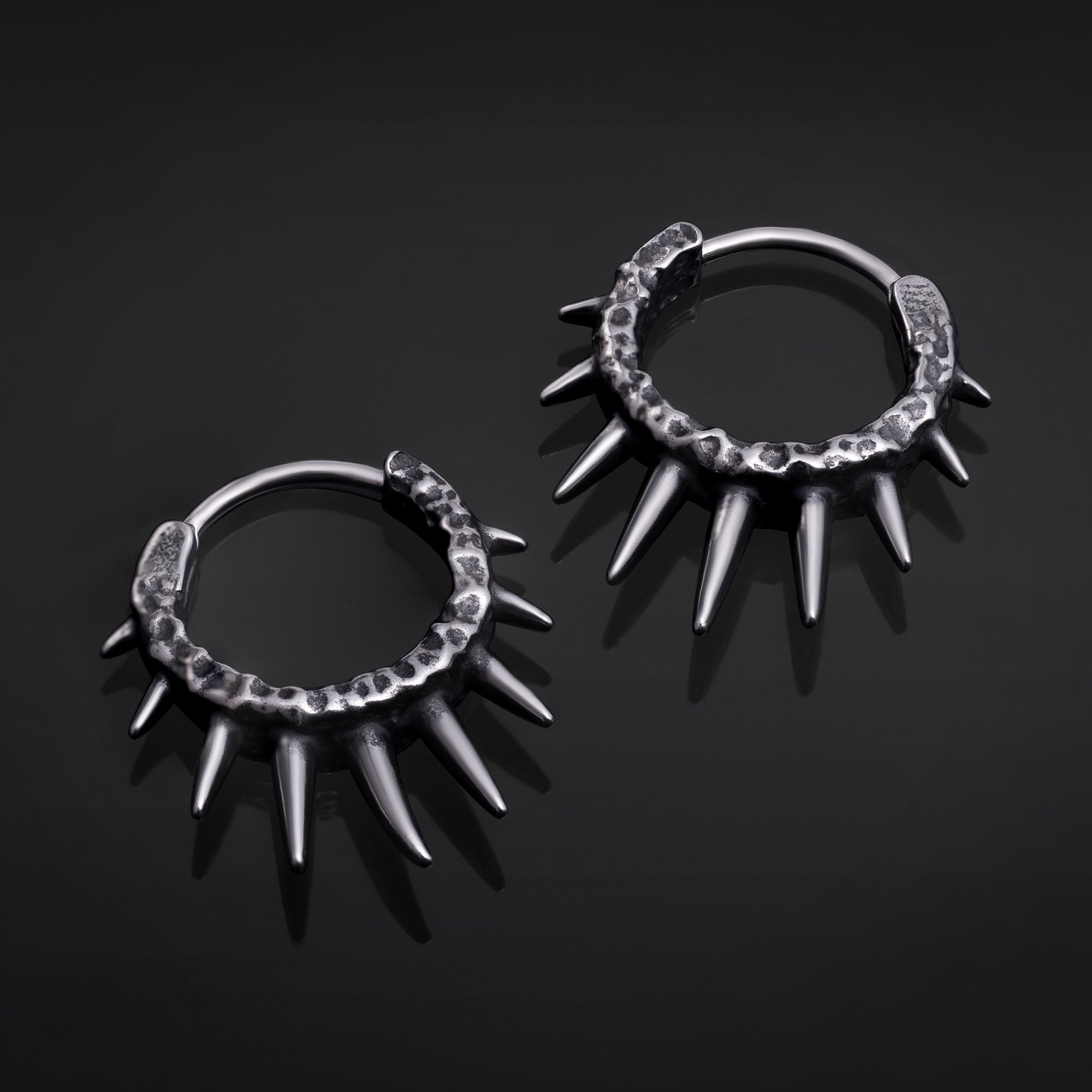 Huggie Hoop Earrings, Brushed Black, Silver Gothic Spiked, Hammered Steel - Pair