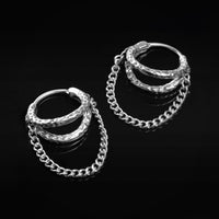 Boucles d’oreilles créoles Huggie, argent, double créole avec chaîne, acier martelé - paire
