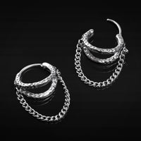 Boucles d’oreilles créoles Huggie, argent, double créole avec chaîne, acier martelé - paire
