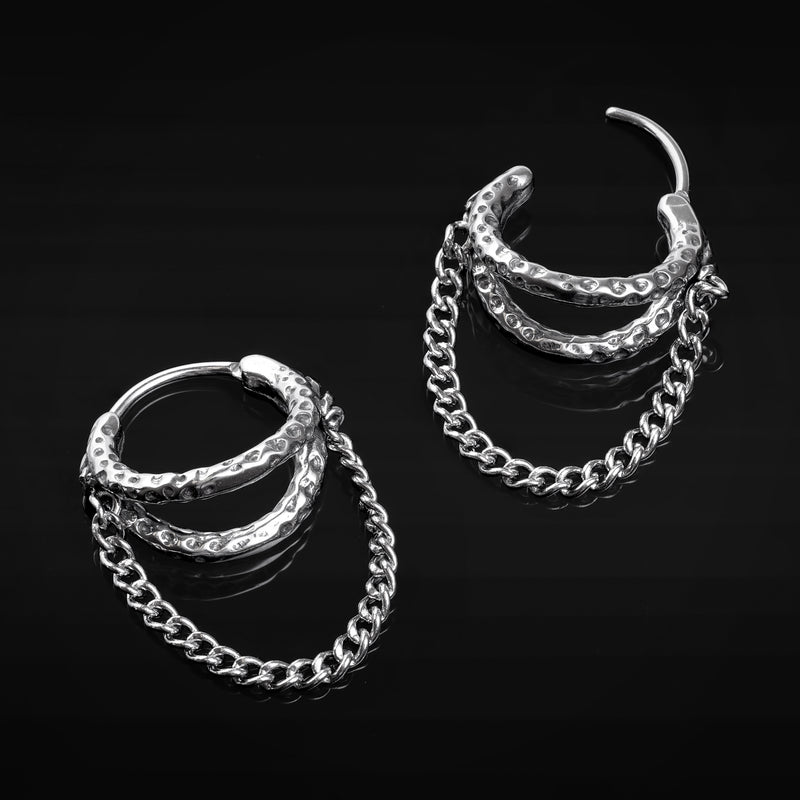 Boucles d’oreilles créoles Huggie, argent, double créole avec chaîne, acier martelé - paire