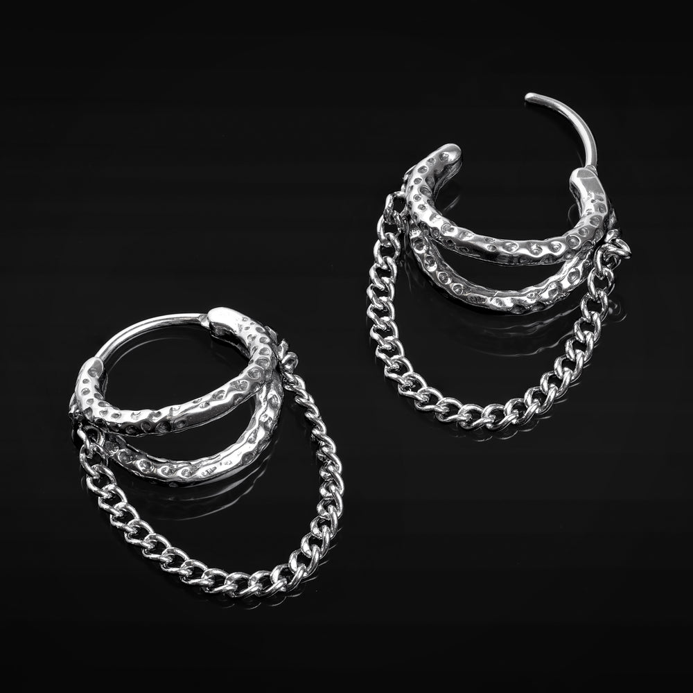 Hammered Stainless Steel Silver Double Hoop Earrings With Chain Dangle (Pair) - 316L Hammered Stainless Steel Double Hoop Earrings / Silver Chain Dangle/ Gothic / Alternative Piercings / Jewellery