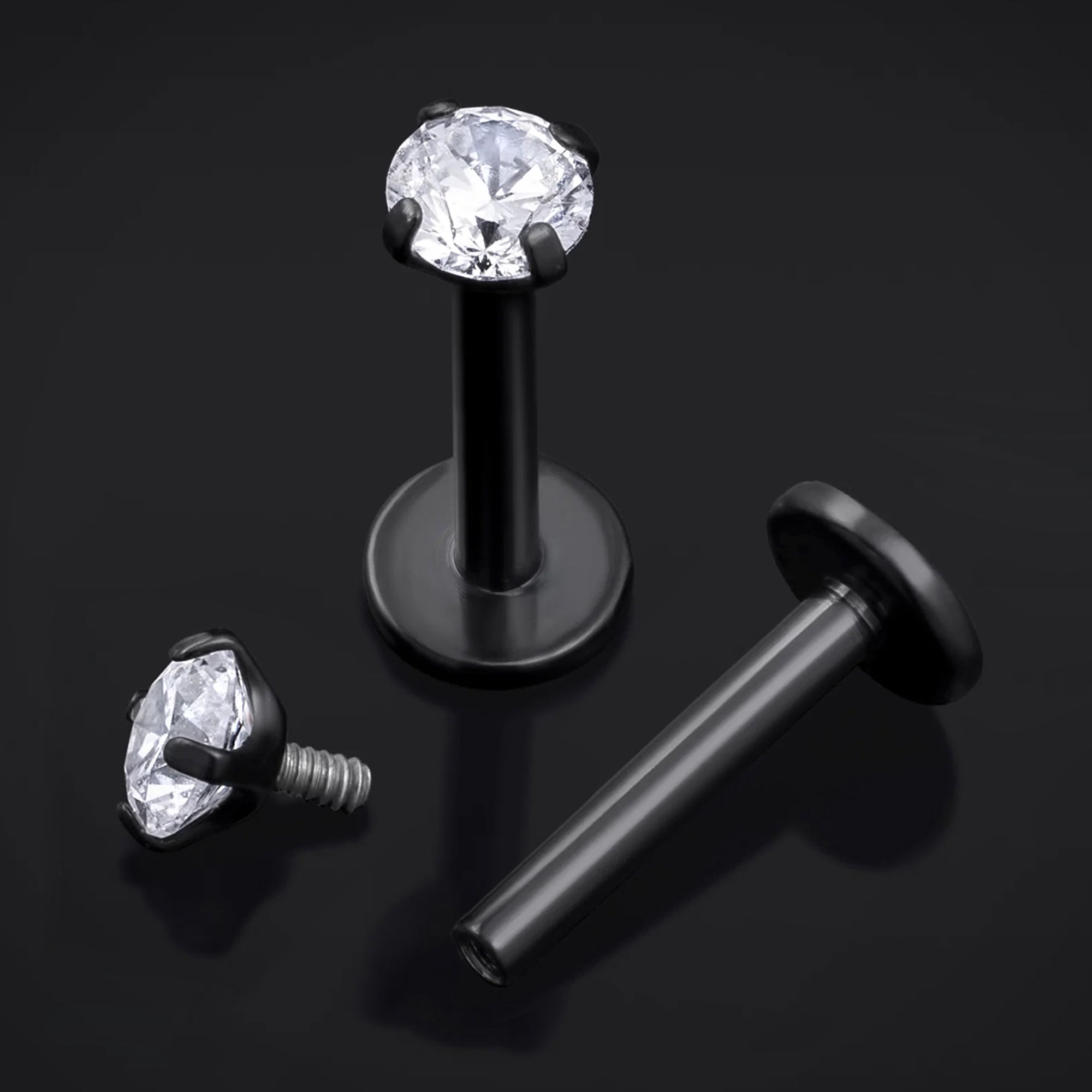 Labret Stud, Black, Clear Gem, Internal Thread, Titanium, 1.2mm