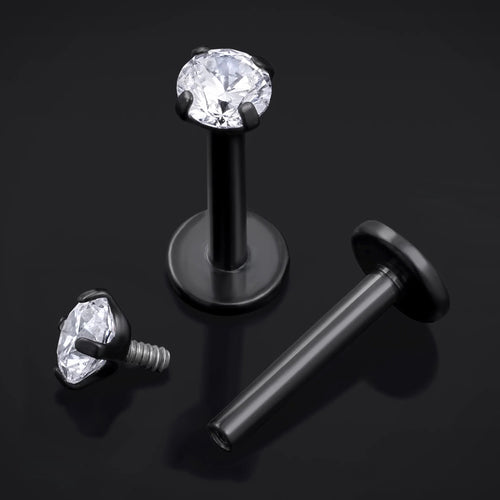 Labret-Stecker, Schwarz, Klarer Stein, Innengewinde, Titan, 1,2mm