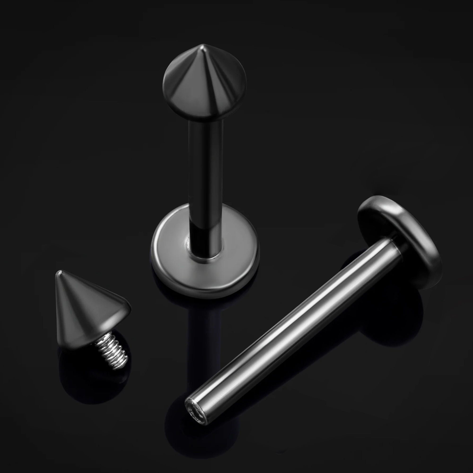 Labret Stud, Black, Cone End, Internally Threaded, Titanium
