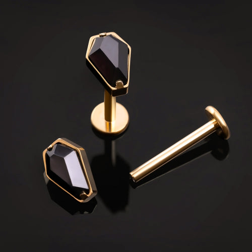 Labret Stud, Gold, Coffin Top, Black Jewel, Titanium, 1.2mm