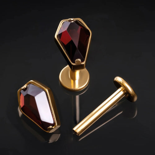 Labret Stud, Gold, Coffin Top, Red Jewel, Titanium, 1.2mm