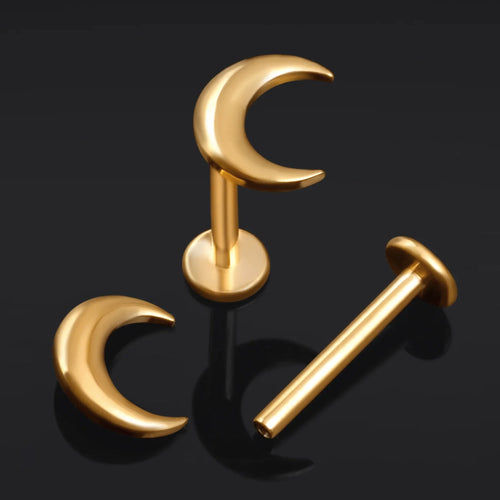 Labret Stud, Gold, Crescent Moon, Internally Threaded, Titanium, 1.2mm Gauge