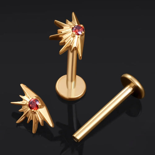 Labret Stud, Gold & Red, Jewelled Sunburst, Internally Threaded, Titanium, 1.2mm Gauge