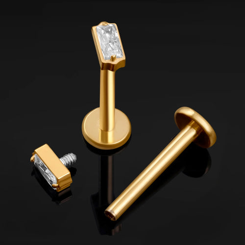 Labret Stud, Gold, Square Cut with Clear Jewel, Internally Threaded, Titanium, 1.2mm Gauge