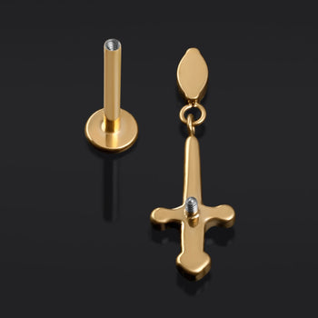 Labret Stud, Gold, Sword Dangle with Red Jewel, Internally Threaded, Titanium, 1.2mm Gauge