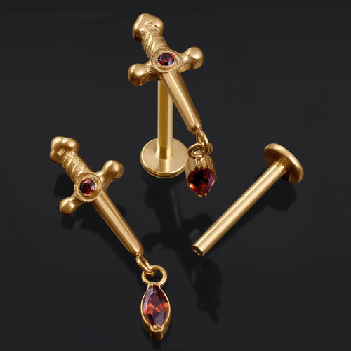 Labret Stud, Gold, Sword Dangle with Red Jewel, Internally Threaded, Titanium, 1.2mm Gauge