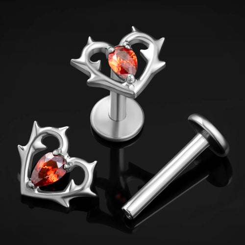 Labret Stud, Red, Thorn Heart with Jewel, Internally Threaded, Titanium, 1.2mm Gauge