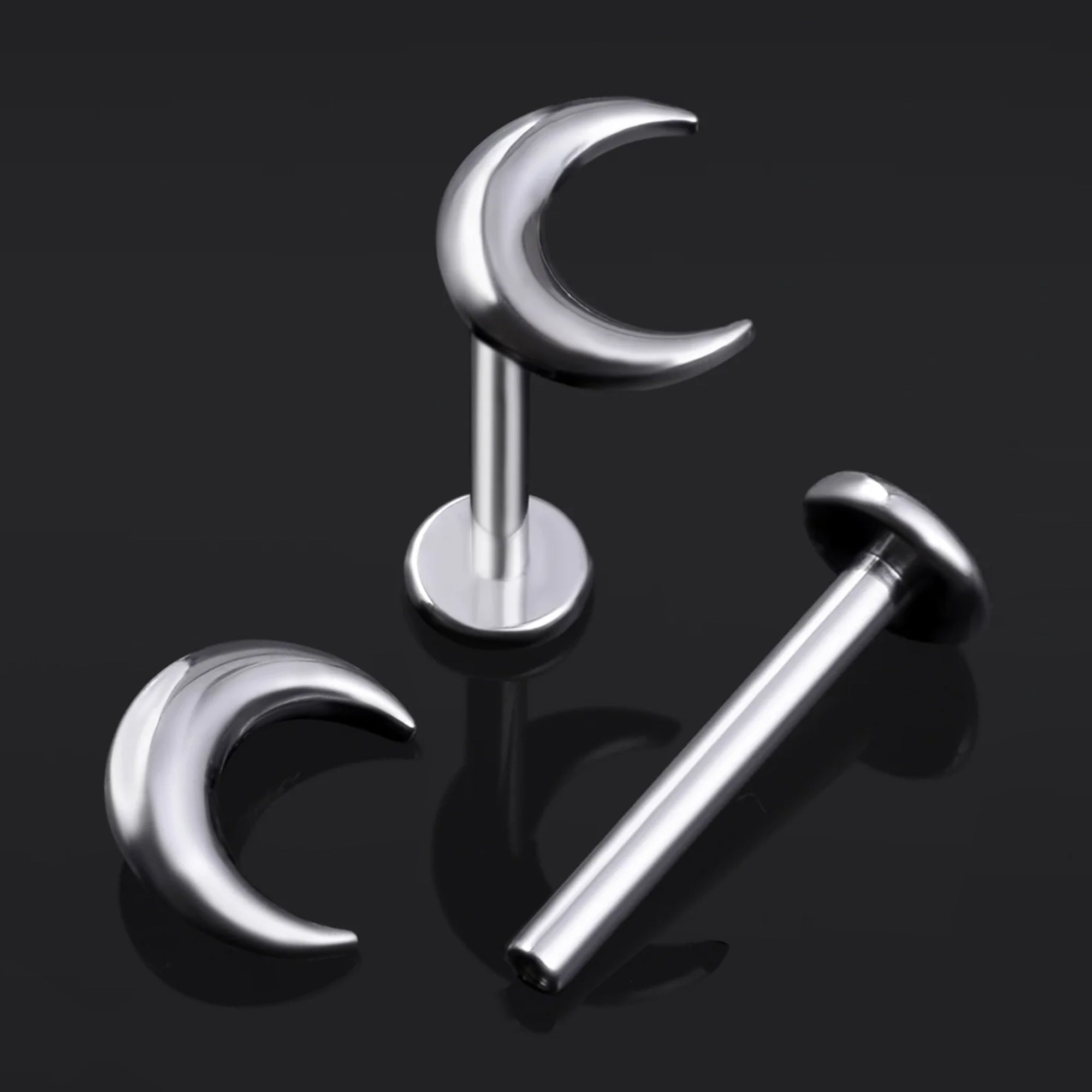 Labret Stud, Silver, Crescent Moon, Internally Threaded, Titanium, 1.2mm Gauge
