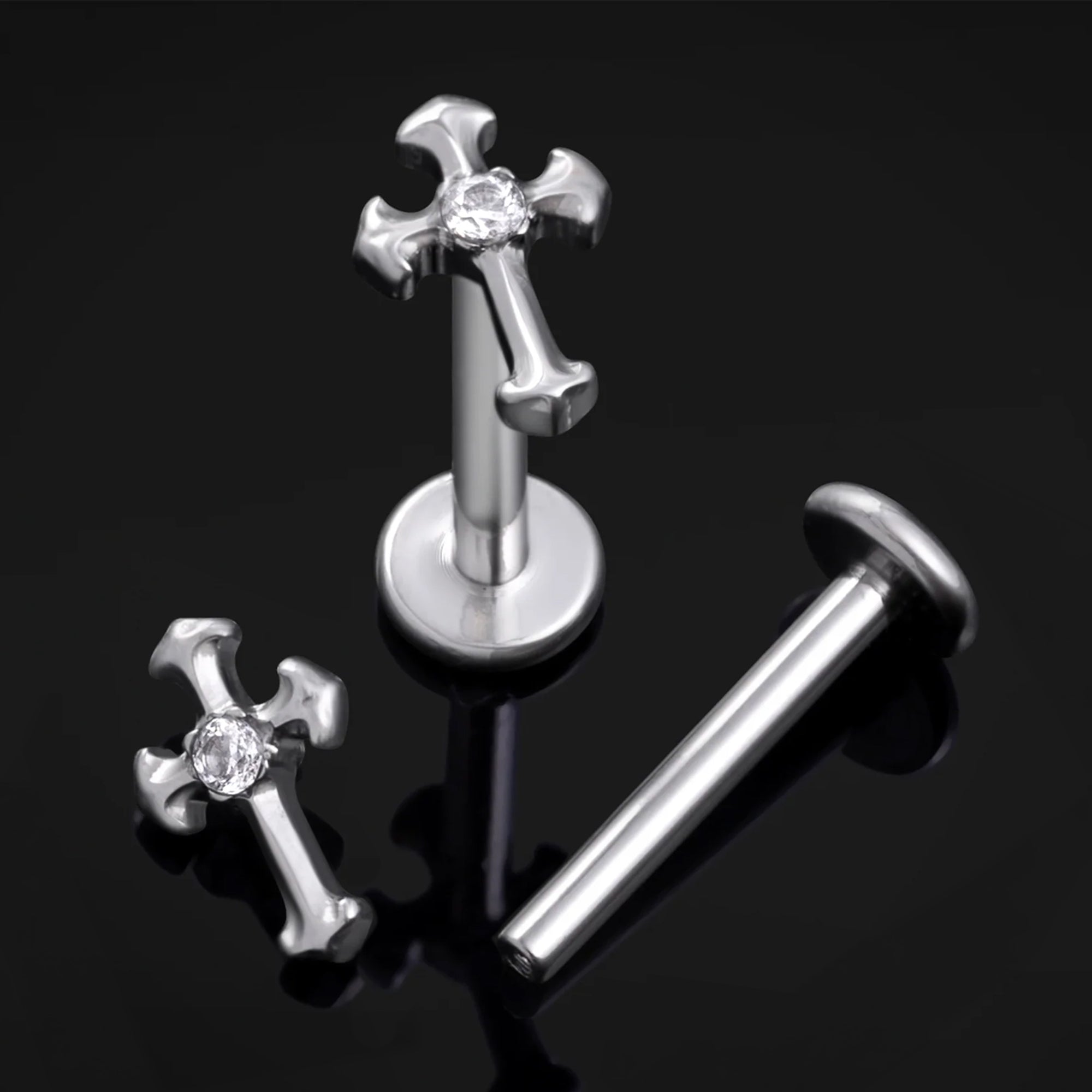Labret Stud, Silver, Jewelled Cross Top, Internal Thread, Titanium, 1.2mm