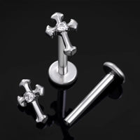 Labret Stud, Silver, Jewelled Cross Top, Internal Thread, Titanium, 1.2mm