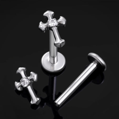 Labret Stud, Silver, Jewelled Cross Top, Internal Thread, Titanium, 1.2mm