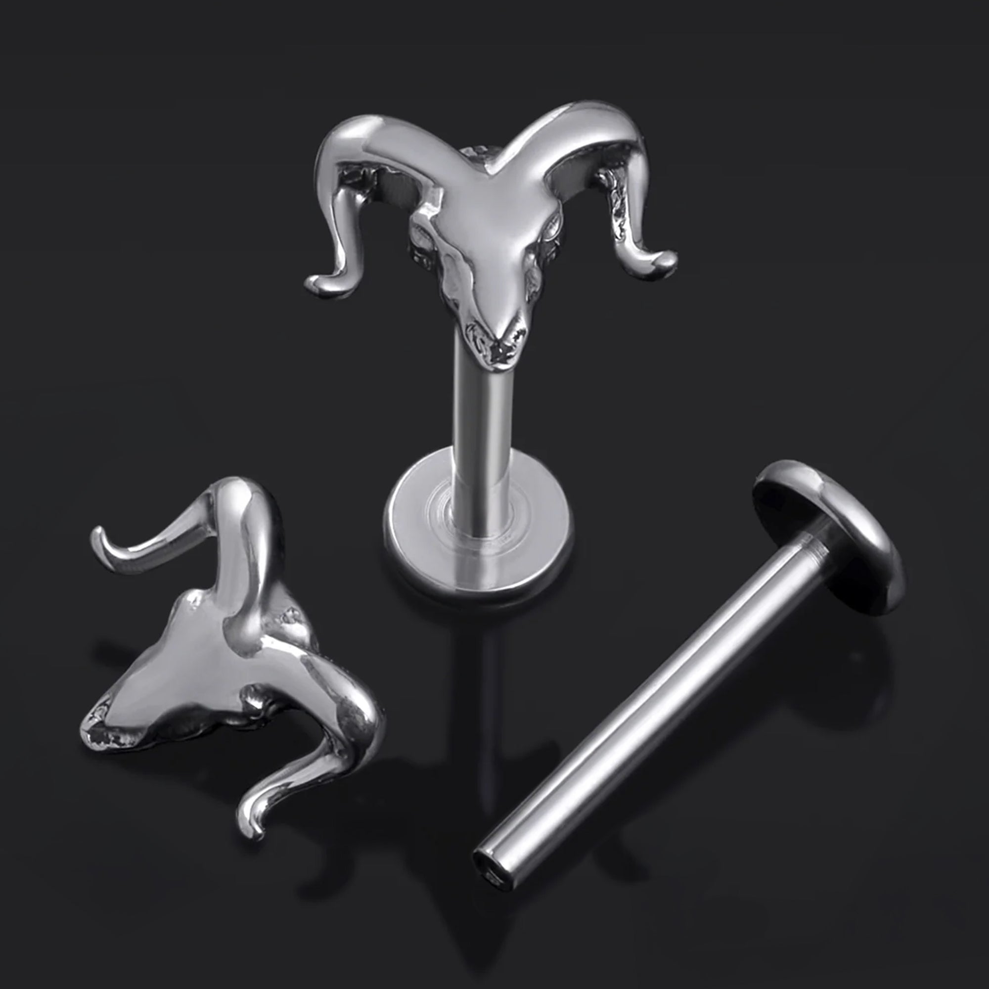 Labret Stud, Silver, Ram Skull, Internally Threaded, Titanium, 1.2mm Gauge