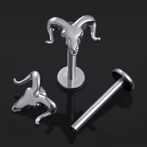 Labret Stud, Silver, Ram Skull, Internally Threaded, Titanium, 1.2mm Gauge