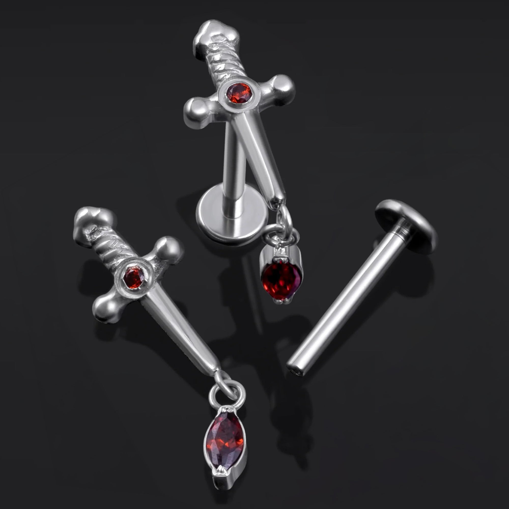 Labret Stud, Silver, Sword Dangle with Red Jewel, Internally Threaded, Titanium, 1.2mm Gauge