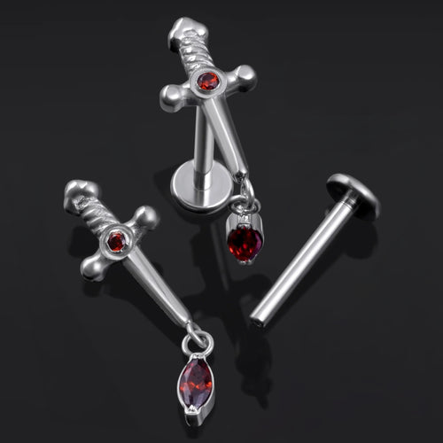 Labret Stud, Silver, Sword Dangle with Red Jewel, Internally Threaded, Titanium, 1.2mm Gauge