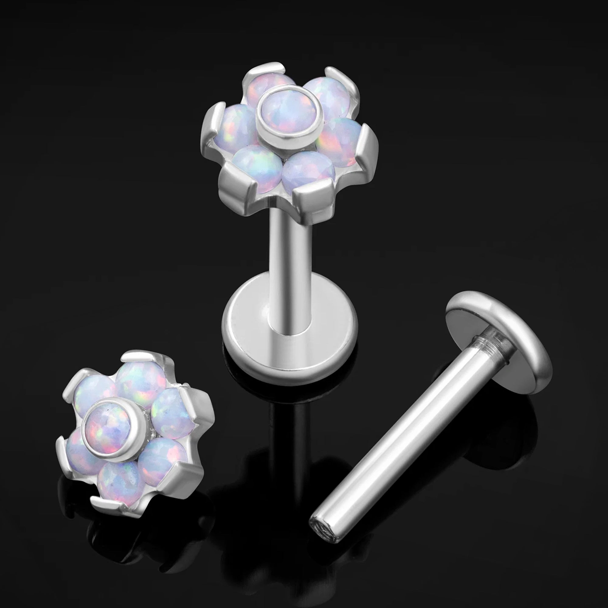 Labret Stud, Silver, White Opal Flower, Titanium, Internal Thread, 1.2mm