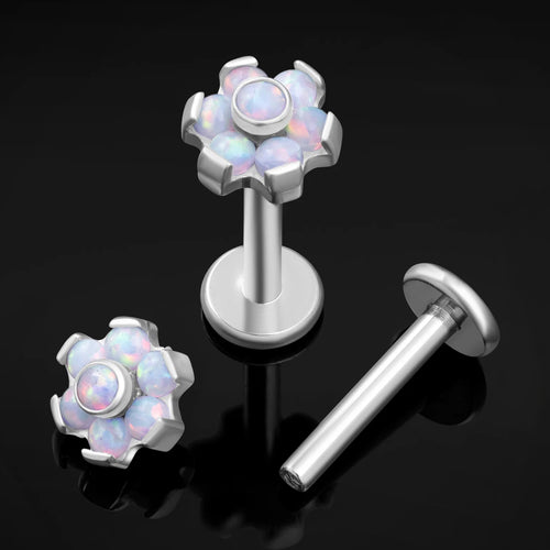 Labret Stud, Silver, White Opal Flower, Titanium, Internal Thread, 1.2mm