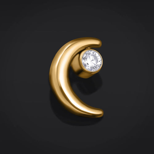 Labret Top, Gold, Jewelled Crescent Moon, Internally Threaded, ASTM F136 Titanium