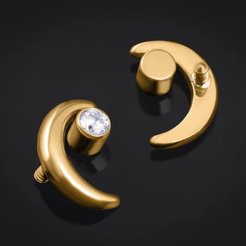 Labret Top, Gold, Jewelled Crescent Moon, Internally Threaded, ASTM F136 Titanium