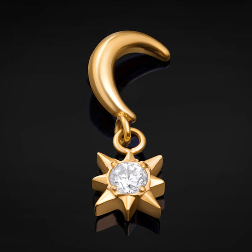 Labret Top, Gold, Star and Moon Dangle, Internally Threaded, Titanium