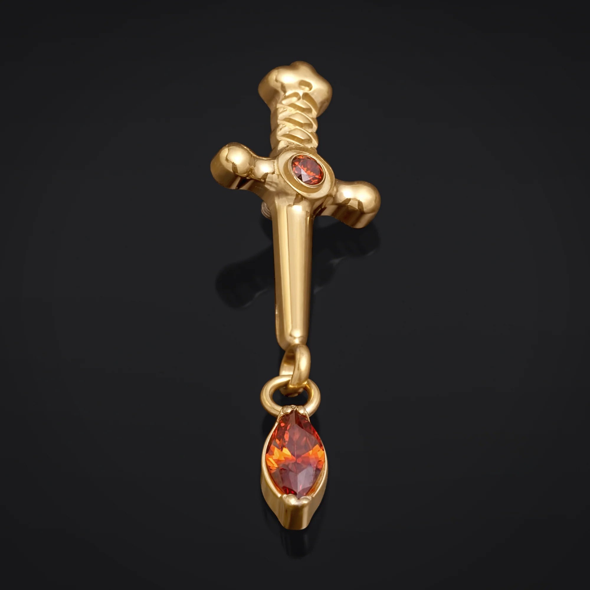 Labret Top, Gold, Sword Dangle with Red Jewel, Internally Threaded, Titanium
