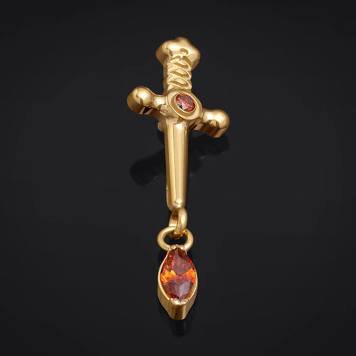 Labret Top, Gold, Sword Dangle with Red Jewel, Internally Threaded, Titanium