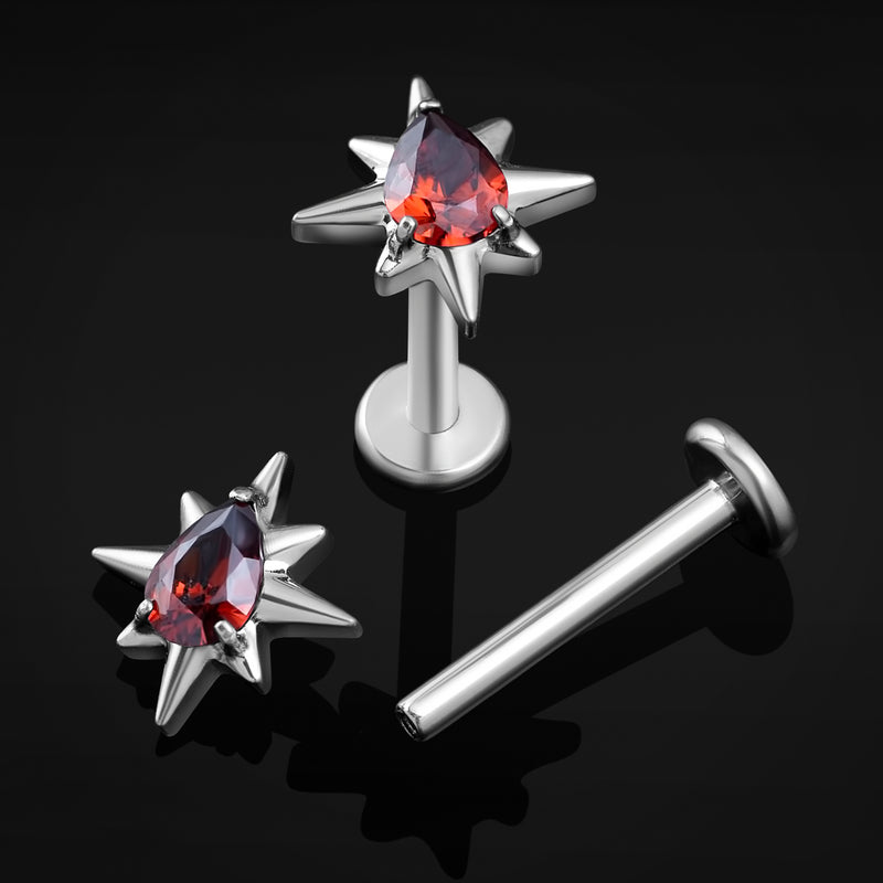 Piercing labret en titane argenté, étoile rouge à 8 branches, filetage interne, 1,2 mm de calibre