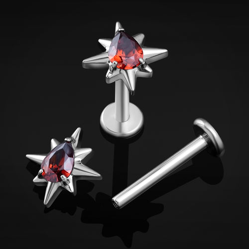 Labret Stud, Silver, Red Jewelled, 8 Point Star, Internally Threaded, Titanium, 1.2mm Gauge