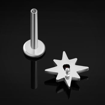 Labret Stud, Silver, Red Jewelled, 8 Point Star, Internally Threaded, Titanium, 1.2mm Gauge