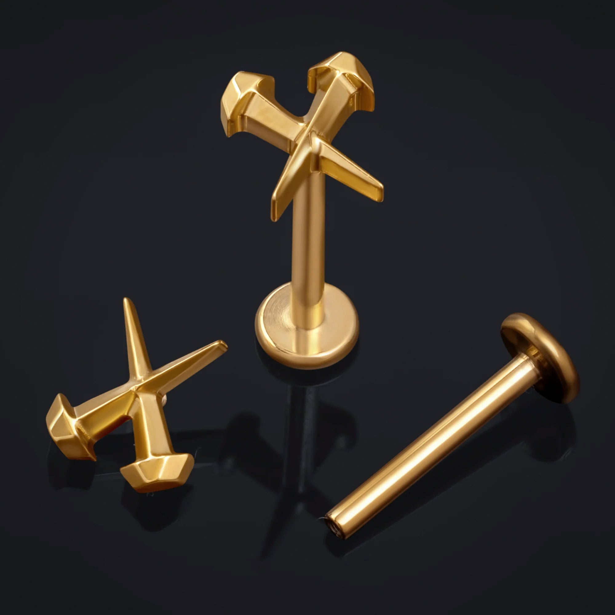 Labret Stud, Gold, Coffin Nails, Internally Threaded, Titanium, 1.2mm Gauge