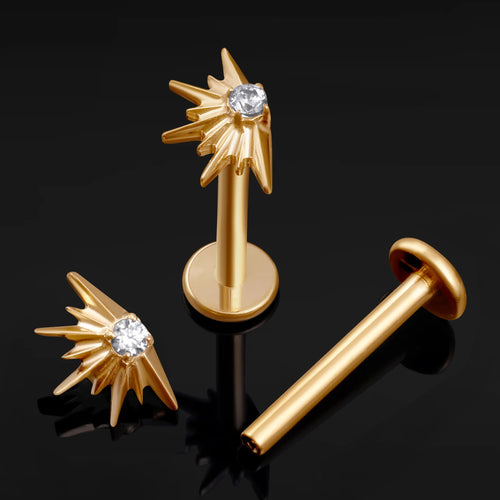 Labret Stud, Gold, Jewelled Sunburst, Internally Threaded, Titanium, 1.2mm Gauge