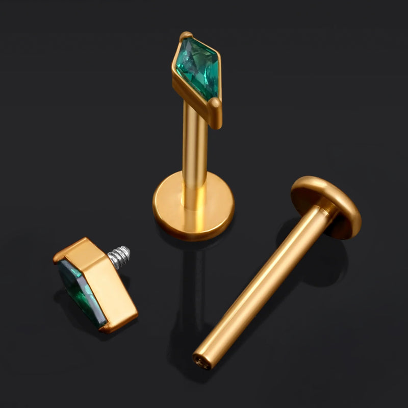 Clou de labret, doré, taille losange avec pierre en zircon cubique verte, filetage interne, titane, calibre 1,2 mm